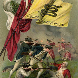 Battle of Bunker Hill with Gadsden Flag by American School