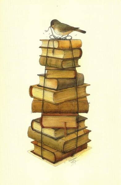 Wall Art - Painting - Books and little Bird by Kestutis Kasparavicius