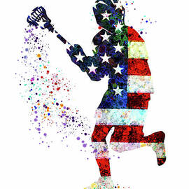 Boy Lacrosse Player Sports Print Flag of the United States Watercolor Print Boy's Lacrosse Art by White Lotus