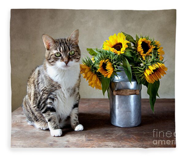 Cat And Sunflowers Fleece Blanket
