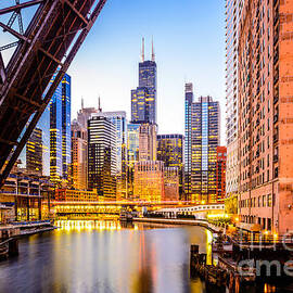 Chicago Skyline at Night and Kinzie Bridge by Paul Velgos