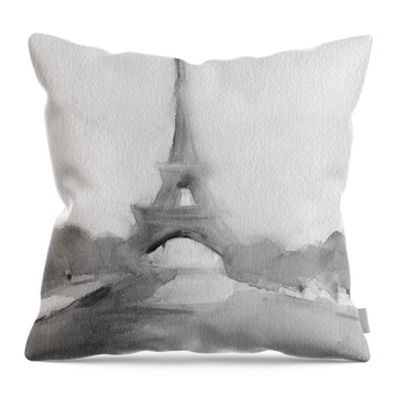 Eiffel Tower Watercolor Painting - Black And White Throw Pillow