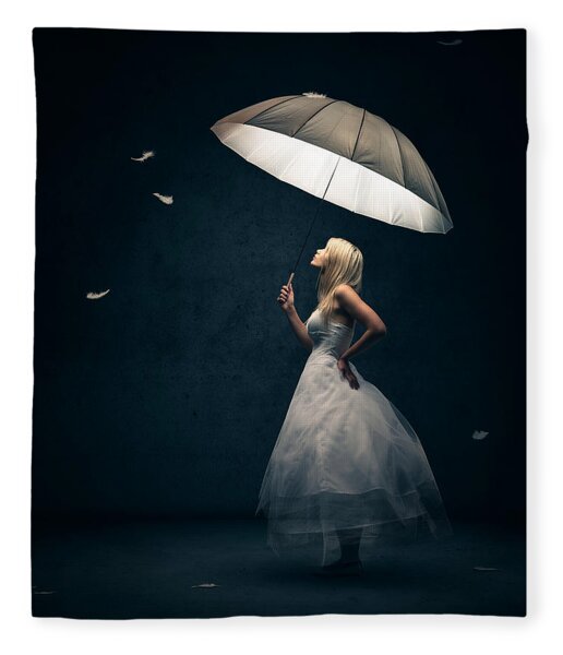 Girl With Umbrella And Falling Feathers Fleece Blanket