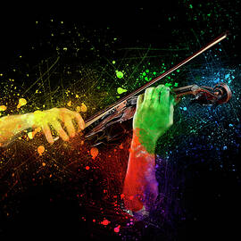 Hands playing  wooden violin with notes flying by Bombaert Patrick