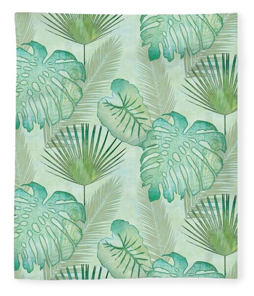 Rainforest Tropical - Elephant Ear And Fan Palm Leaves Repeat Pattern Fleece Blanket
