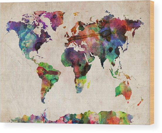 World Map Watercolor Wood Print