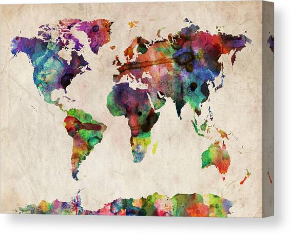 World Map Watercolor Canvas Art Print by Michael Tompsett